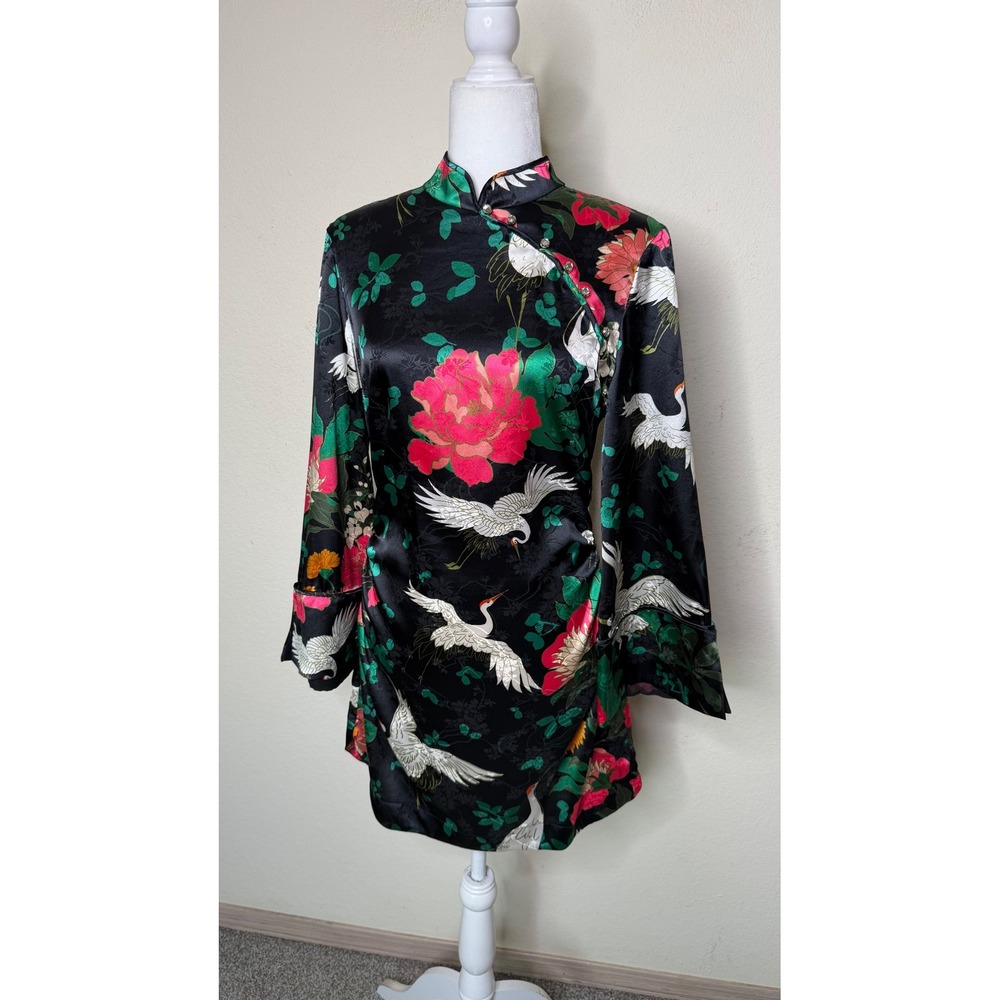 Zara Oriental Crane Floral Satin Mini Dress Large Cheongsam Qipao Mandarin - Picture 2 of 16